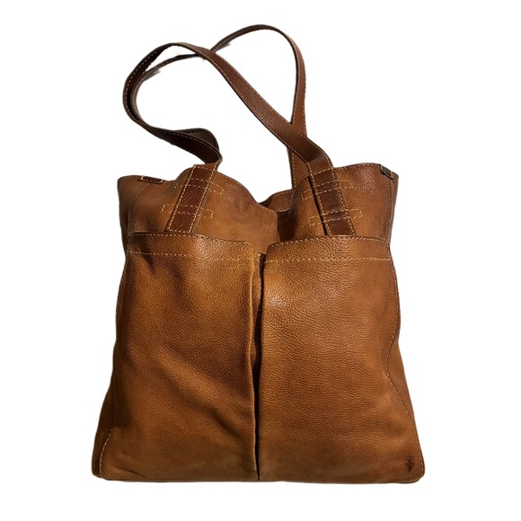 Frye Artisan Pocket Tote Hobo Bag Purse Leather 2 Pocket Camel Brown Boho 13X17” - Picture 1 of 11